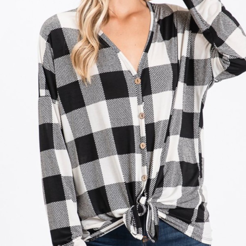 Heimish plaid print button & tie top white